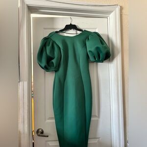 ASOS scuba material midi dress with puff sleeves